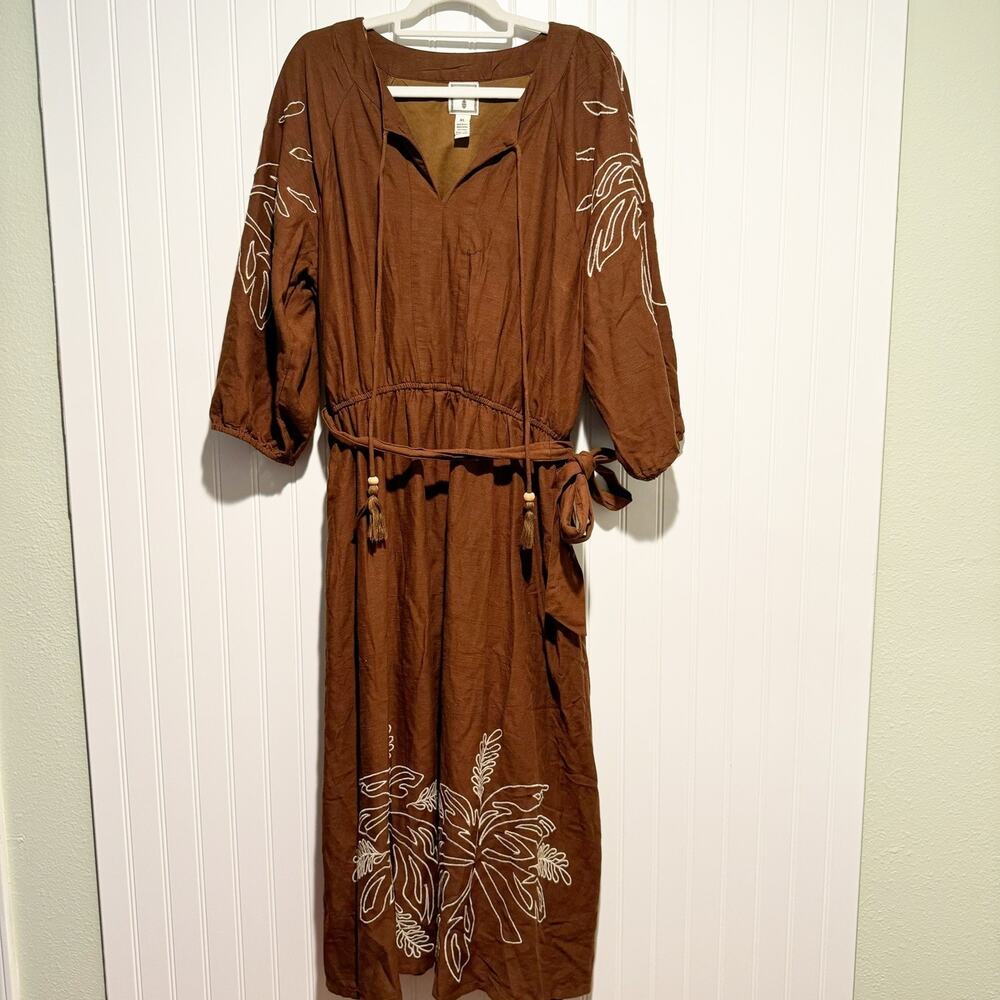 Lea Brown Embroidered Midi Dress Cotton Linen Boho Balloon Sleeves Tassels XL
